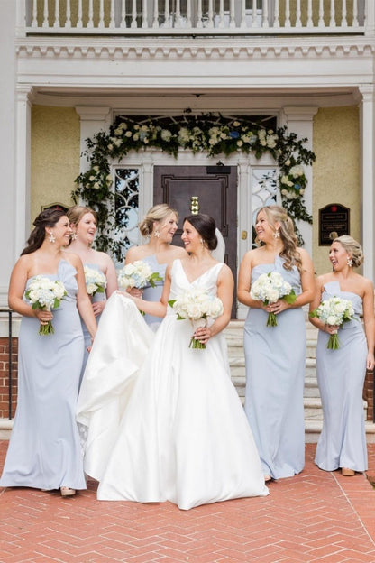 Strapless Tie Front Sheath Long Bridesmaid Dresses