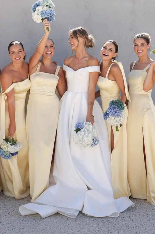 Sheath Straps Satin Long Bridesmaid Dresses with Slit