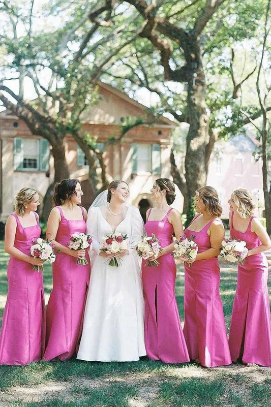 Sheath Square Neck Satin Bridesmaid Dresses with Bow