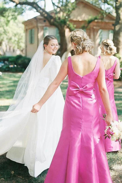 Sheath Square Neck Satin Bridesmaid Dresses with Bow