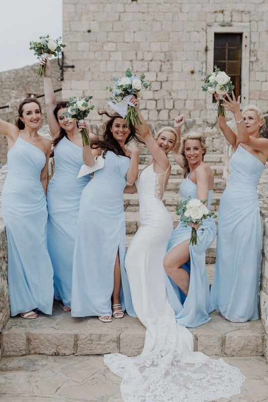 Sheath One Shoulder Chiffon Slit Bridesmaid Dresses