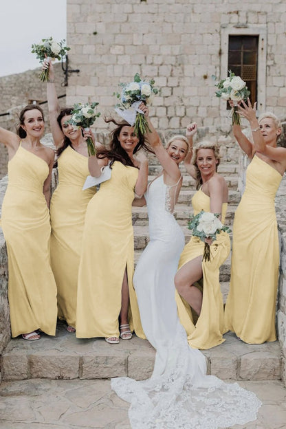 Sheath One Shoulder Chiffon Slit Bridesmaid Dresses
