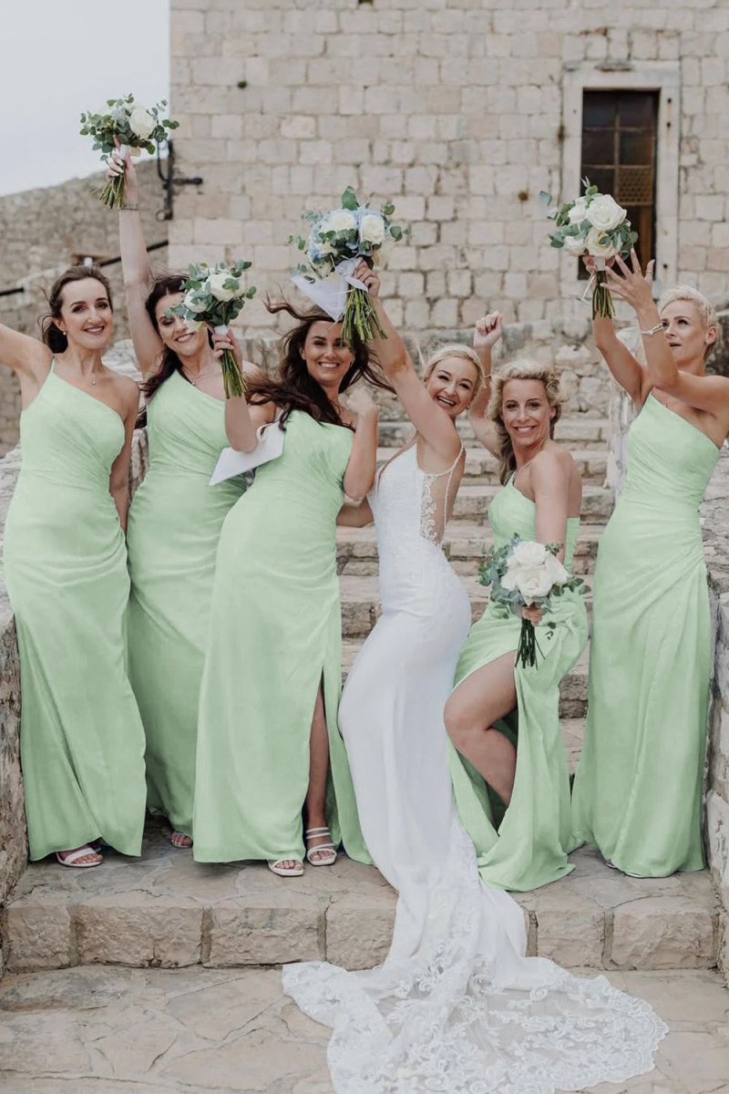 Sheath One Shoulder Chiffon Slit Bridesmaid Dresses