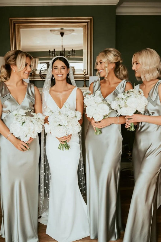 Sheath V Neck Sage Silk Satin Bridesmaid Dresses with Bow