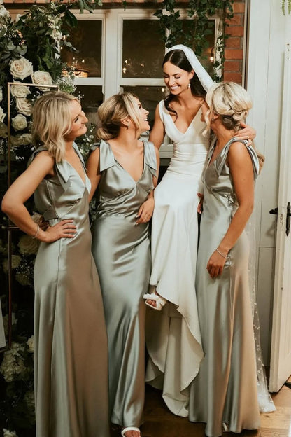 Sheath V Neck Sage Silk Satin Bridesmaid Dresses with Bow
