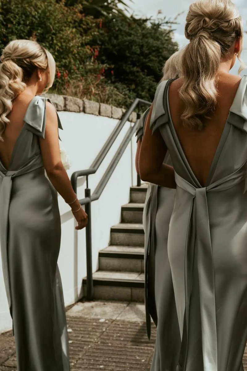 Sheath V Neck Sage Silk Satin Bridesmaid Dresses with Bow