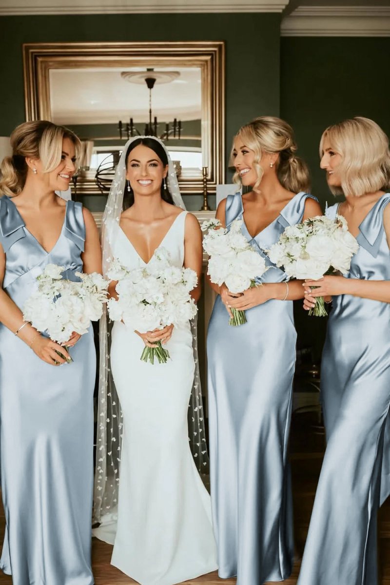 Sheath V Neck Sage Silk Satin Bridesmaid Dresses with Bow