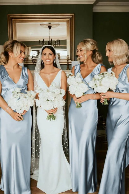 Sheath V Neck Sage Silk Satin Bridesmaid Dresses with Bow