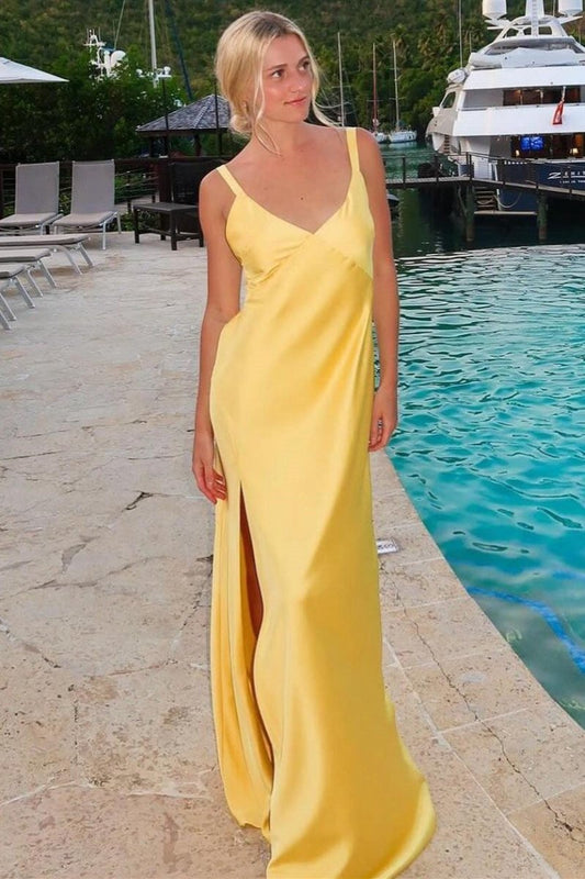 Sheath V-Neck Tie -Back Maxi Dresses with Slit in Yellow