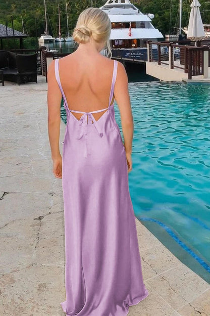Sheath V-Neck Tie -Back Maxi Dresses with Slit in Yellow
