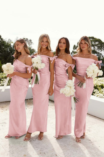 Off-Shoulder Sheath Pleated Satin Long Bridesmaid Dresses