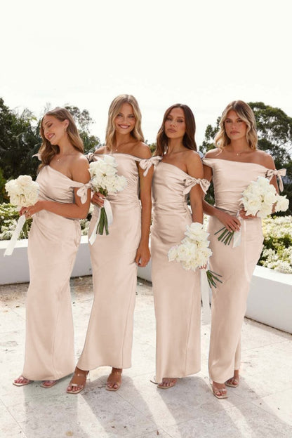 Off-Shoulder Sheath Pleated Satin Long Bridesmaid Dresses