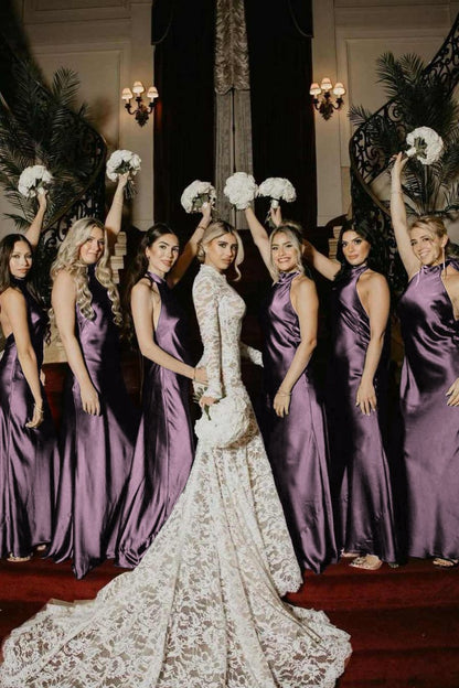 Halter Satin Pleated Mermaid Sleeveless Long Bridesmaid Dresses