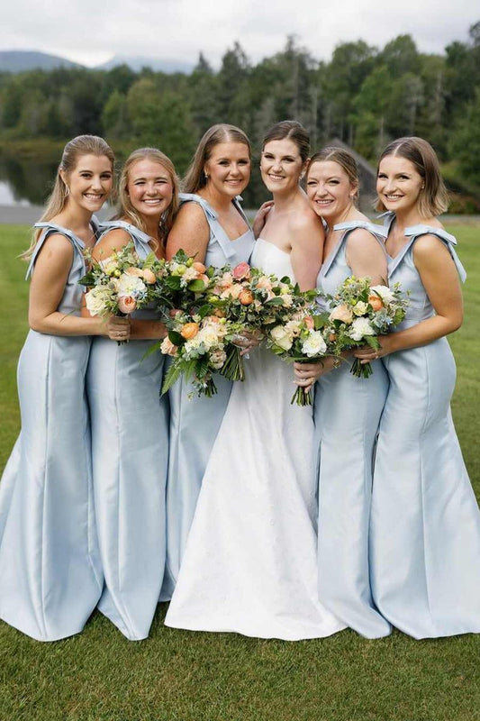 Mermaid Straps Bows Pleats Satin Sleeveless Long Bridesmaid Dresses with Slit