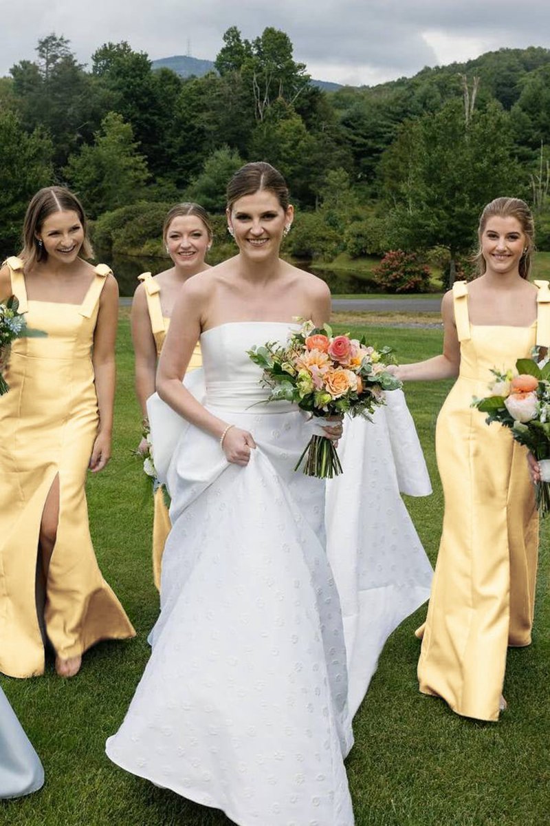 Mermaid Straps Bows Pleats Satin Sleeveless Long Bridesmaid Dresses with Slit