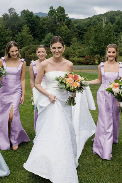 Mermaid Straps Bows Pleats Satin Sleeveless Long Bridesmaid Dresses with Slit
