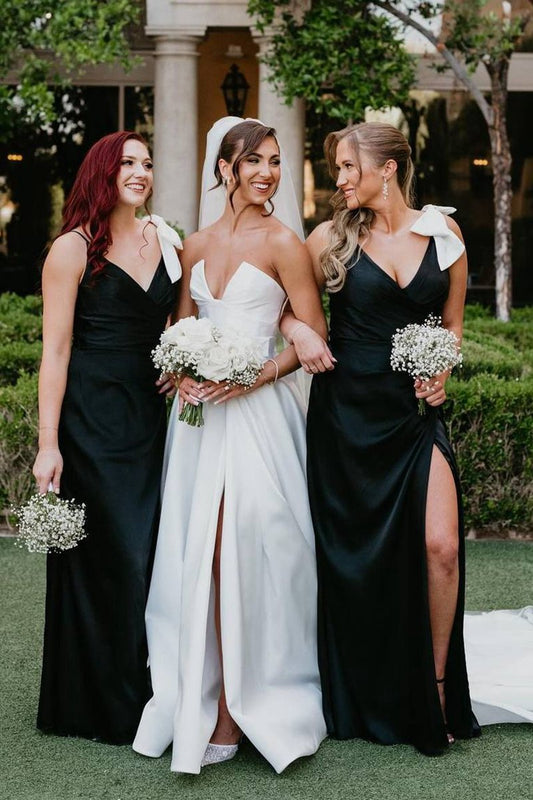 V-Neck Mermaid Spaghetti Straps Satin Long Bridesmaid Dresses with Bow