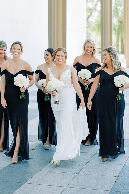 Mermaid Off-Shoulder Side Slit V-Neck Chiffon Long Bridesmaid Dresses