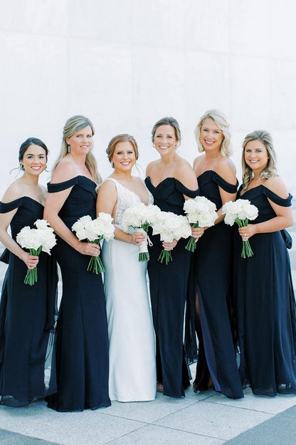 Mermaid Off-Shoulder Side Slit V-Neck Chiffon Long Bridesmaid Dresses