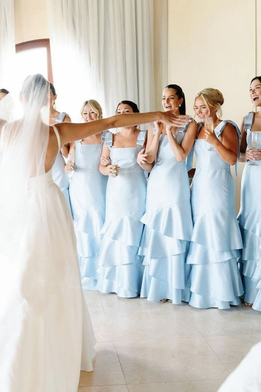 Straps with Bows Mermaid Satin Tie Long Bridesmaid Dresses
