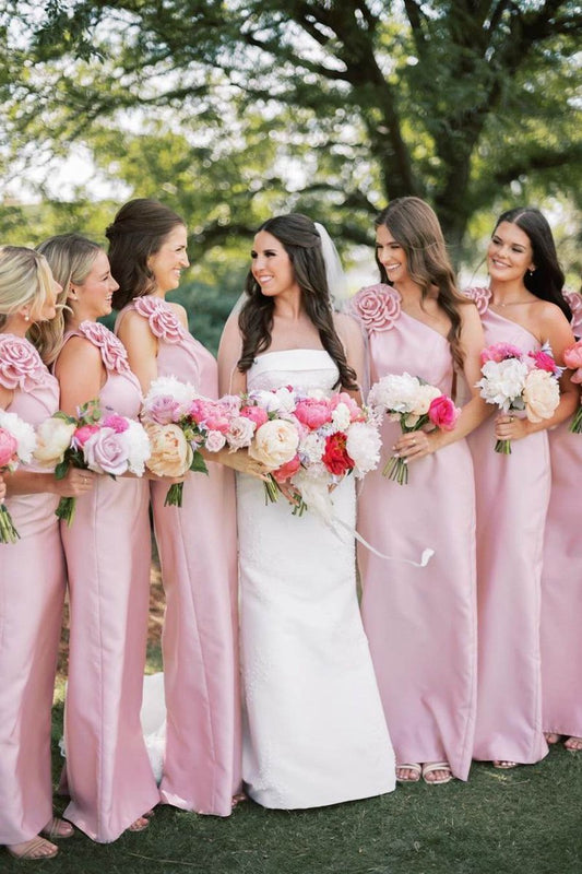 One Shoulder Sheath Flower Sleeveless Satin Long Bridesmaid Dresses