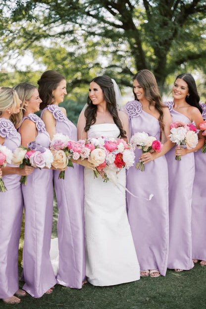 One Shoulder Sheath Flower Sleeveless Satin Long Bridesmaid Dresses