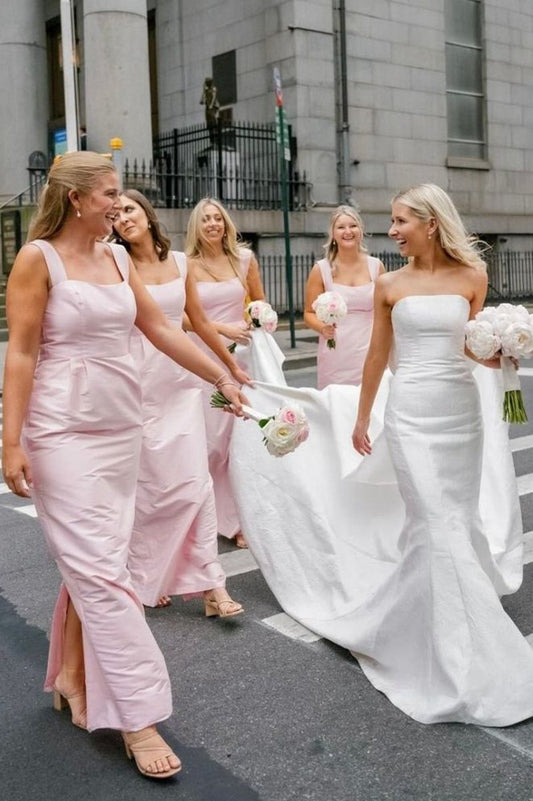 Straps Sheath Square Neck Satin Sleeveless Long Bridesmaid Dresses