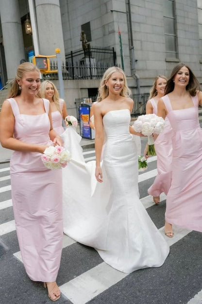 Straps Sheath Square Neck Satin Sleeveless Long Bridesmaid Dresses