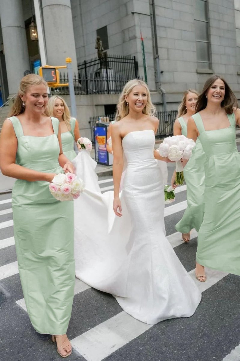 Straps Sheath Square Neck Satin Sleeveless Long Bridesmaid Dresses