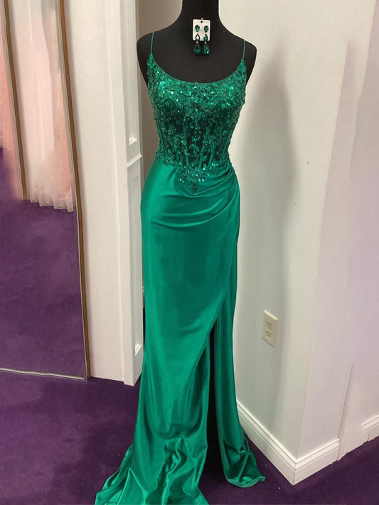Sheer Appliques Satin Mermaid Long Prom Dresses