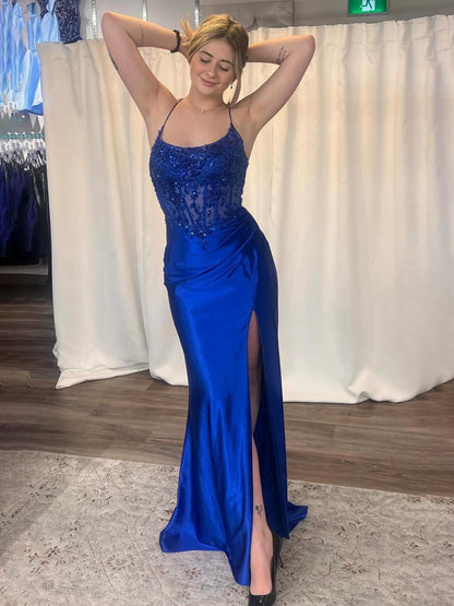 Sheer Appliques Satin Mermaid Long Prom Dresses