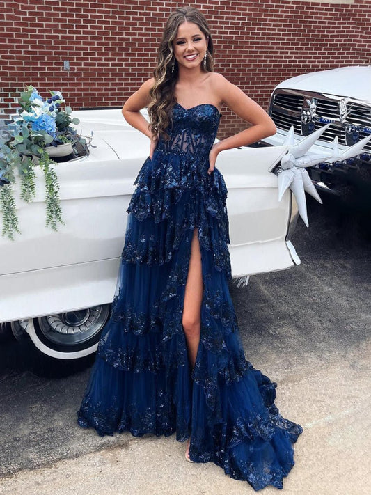 Sweetheart Appliques A-line Ruffle Long Prom Dresses