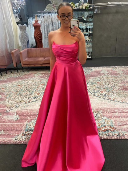 Strapless Sage Satin A-line Long Prom Dresses with Slit