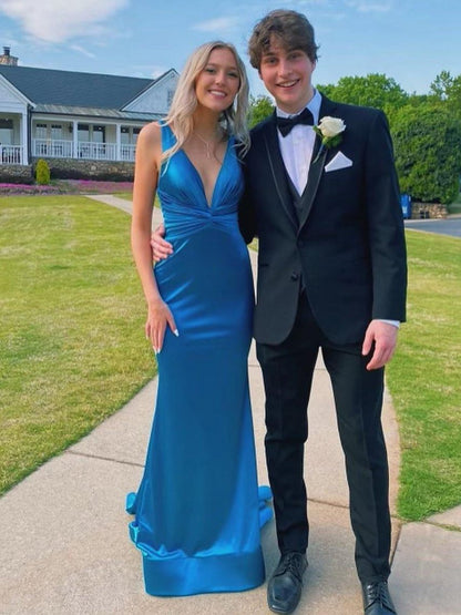 Plunge Satin Ruched Mermaid Prom Dresses