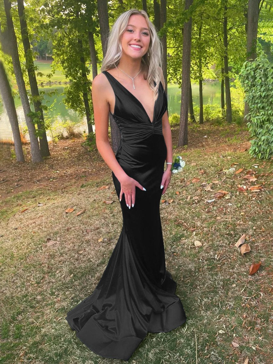 Plunge Satin Ruched Mermaid Prom Dresses