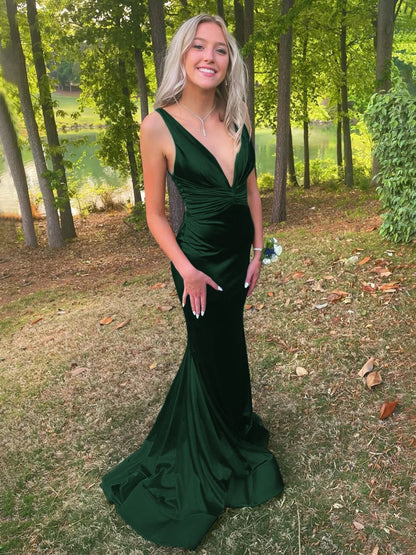 Plunge Satin Ruched Mermaid Prom Dresses