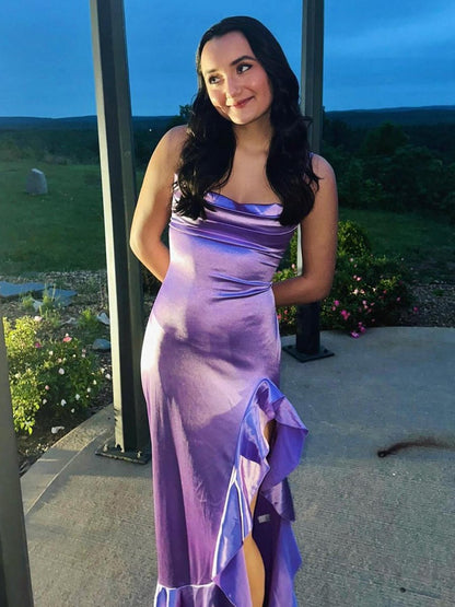 Mermaid Straps Cowl Neck Satin Long Prom Dresses