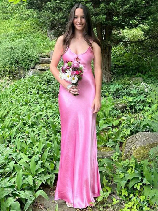 Scoop Neck Sheath Satin Long Prom Dresses