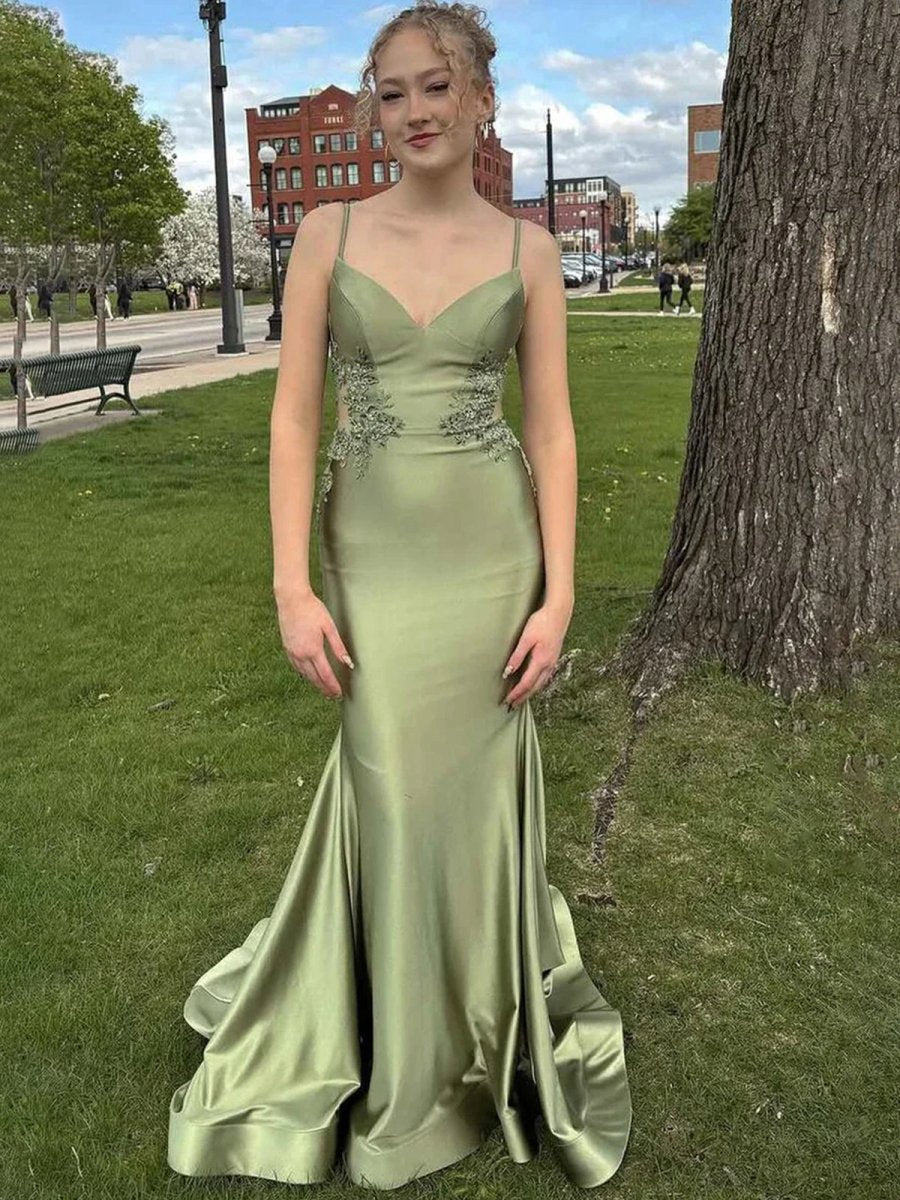 Spaghetti Straps Appliques Mermaid Prom Dresses