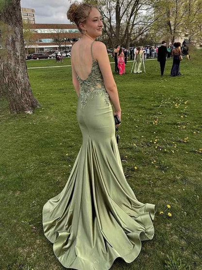 Spaghetti Straps Appliques Mermaid Prom Dresses