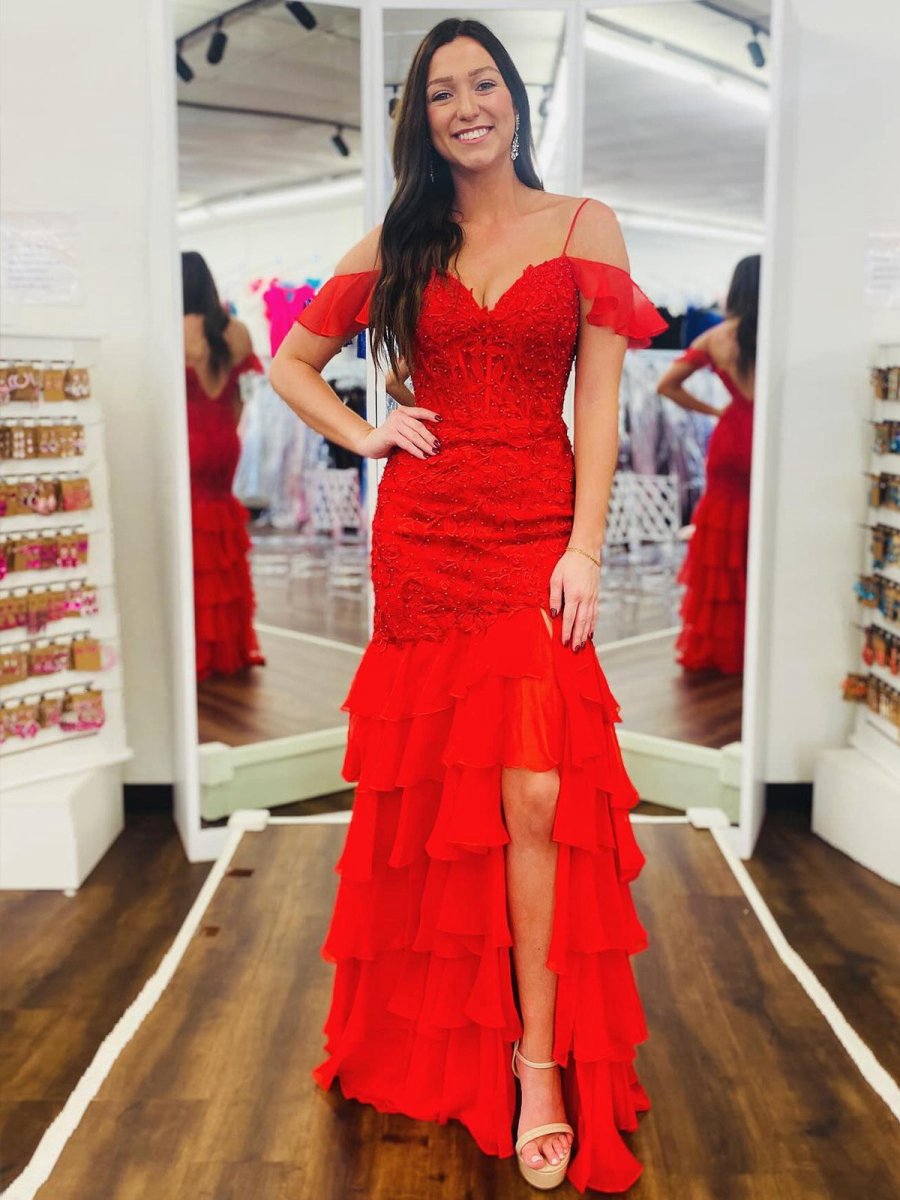 Mermaid Cold Sleeves Lace Ruffle Prom Dresses