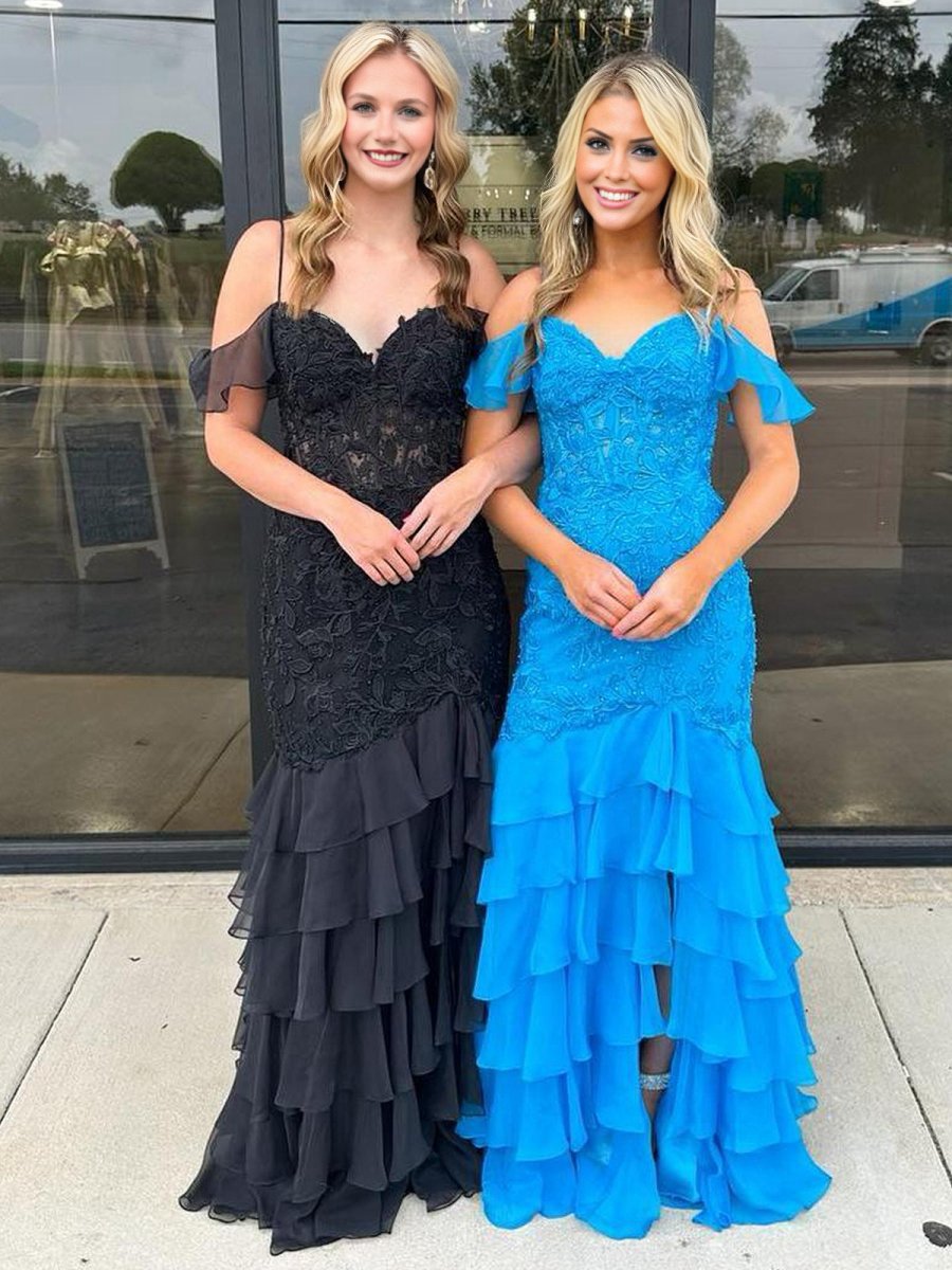 Mermaid Cold Sleeves Lace Ruffle Prom Dresses