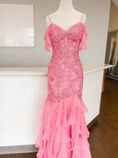 Mermaid Cold Sleeves Lace Ruffle Prom Dresses