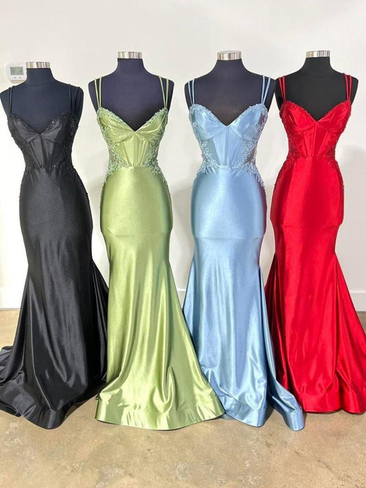 Double Straps Appliques Mermaid Satin Prom Dresses