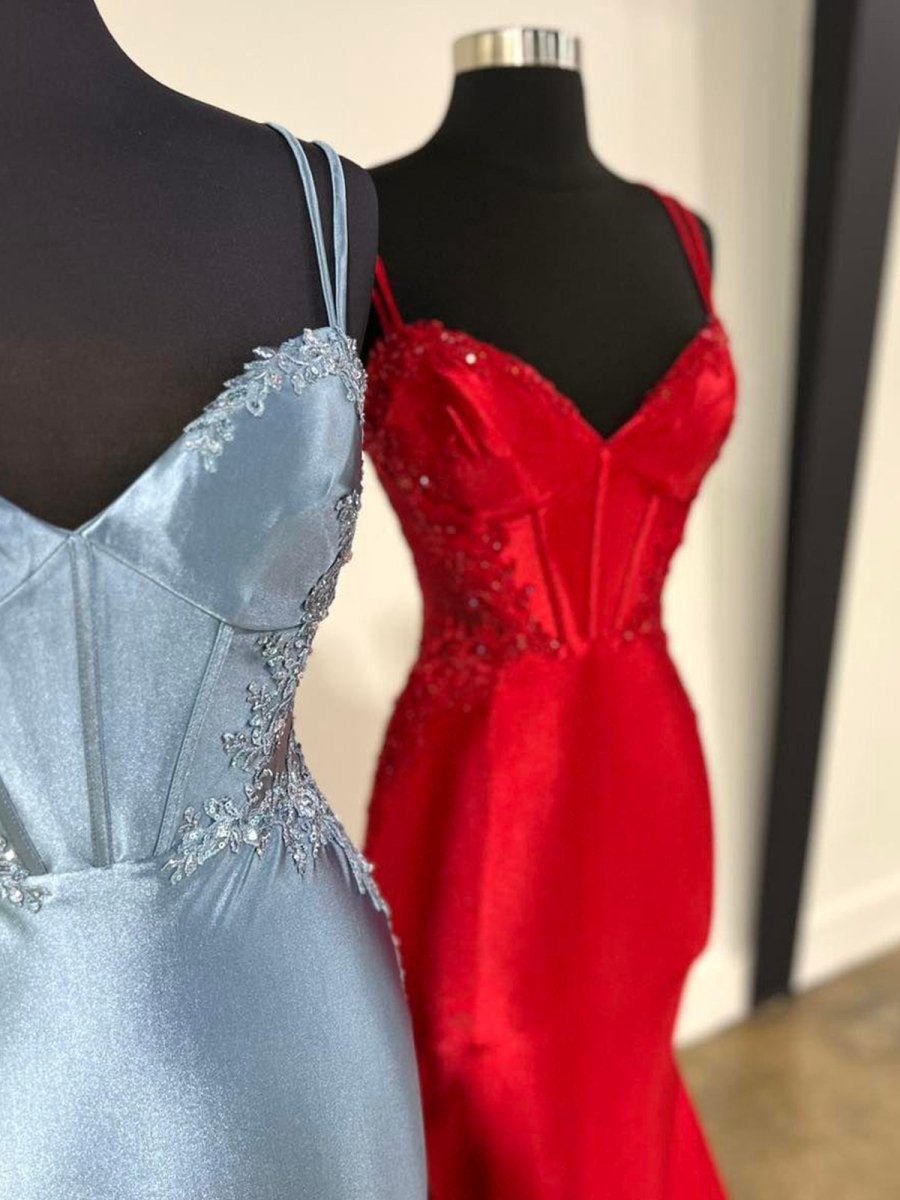 Double Straps Appliques Mermaid Satin Prom Dresses