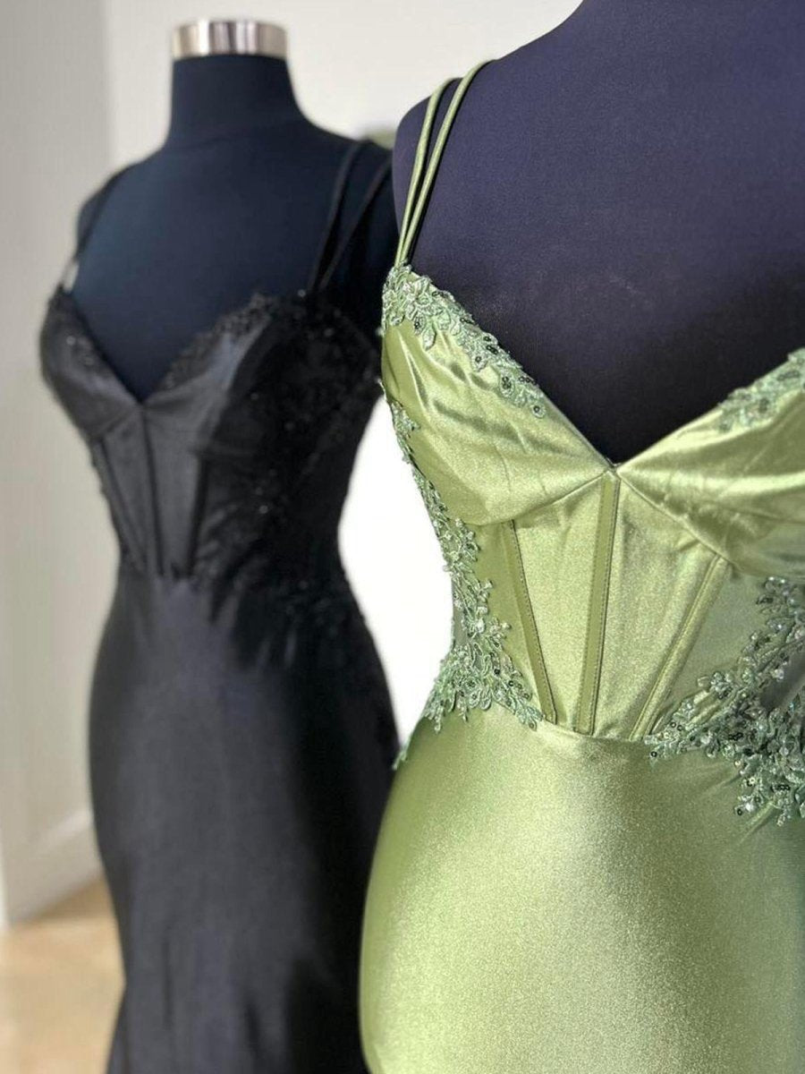 Double Straps Appliques Mermaid Satin Prom Dresses