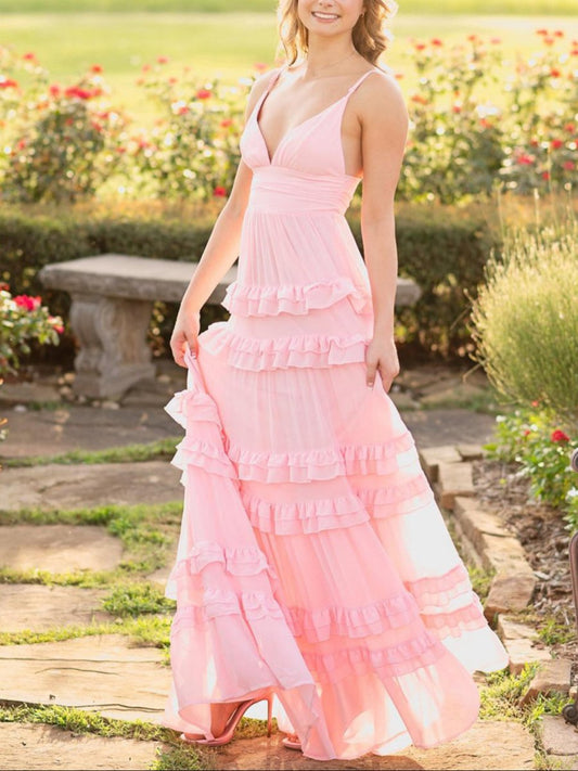 A-line Chiffon Tie Ruffles Long Prom Dresses