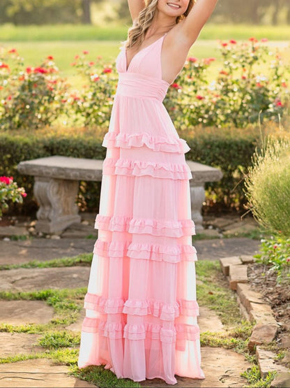 A-line Chiffon Tie Ruffles Long Prom Dresses