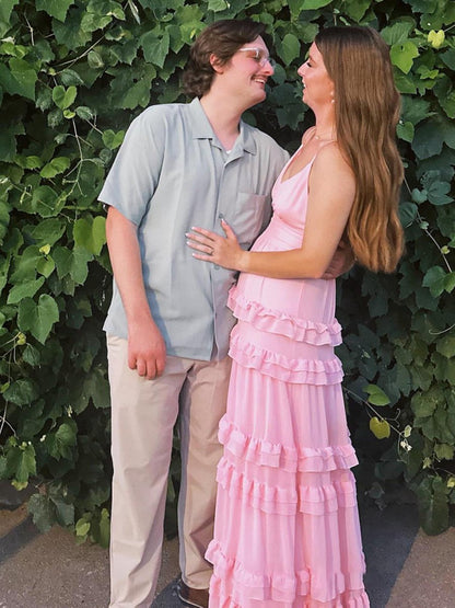 A-line Chiffon Tie Ruffles Long Prom Dresses
