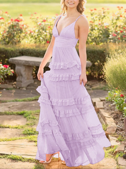 A-line Chiffon Tie Ruffles Long Prom Dresses